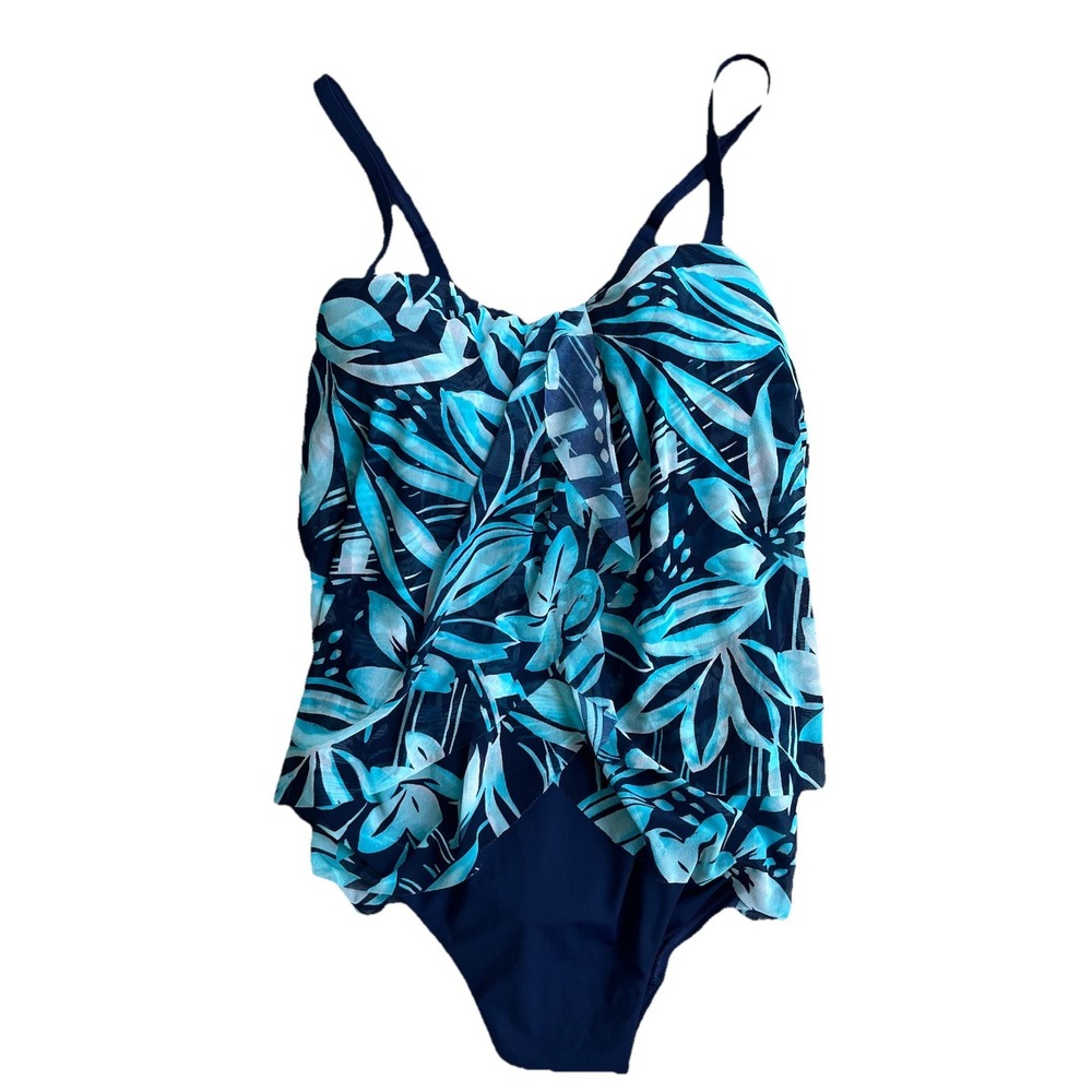 Lands End Swimsuit Mesh Deep Sea Floral High Leg‎ One Piece Navy Teal Floral 12